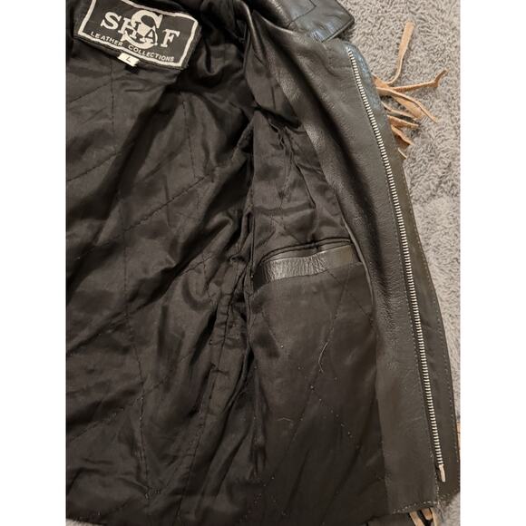 Kids Vintage Shaf Leather Jacket Biker Black Western Fringe Moto Riding Med 7/8 - Picture 6 of 6